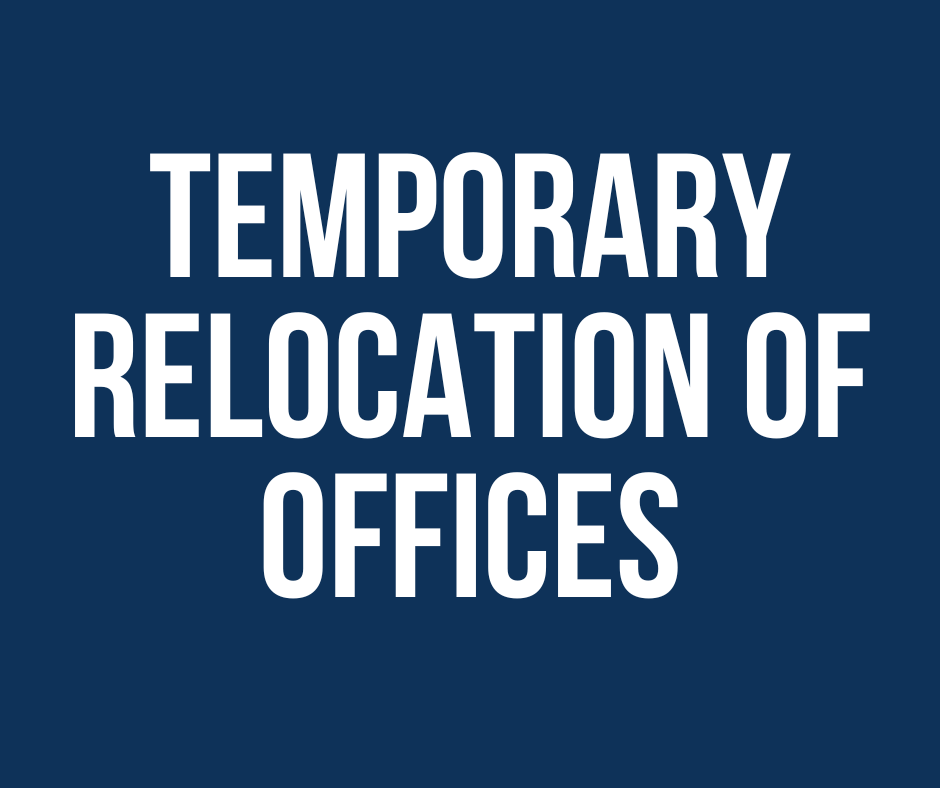 White text on navy background: Temporary Relocation of Offices