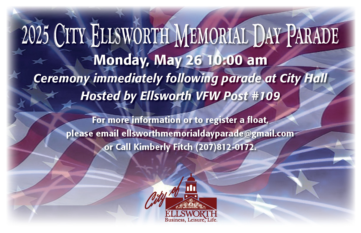 White text of parade details on American flag background