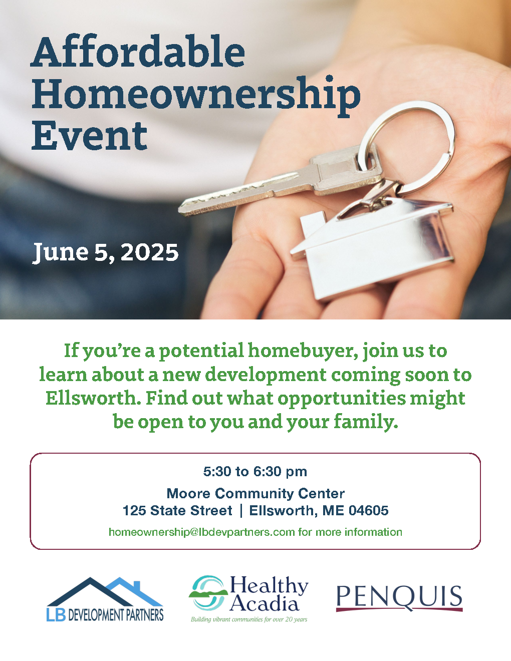 Flyer for the homeownership event. Top has a photo of a hand holding a key with house key chain. bottom is text about the event