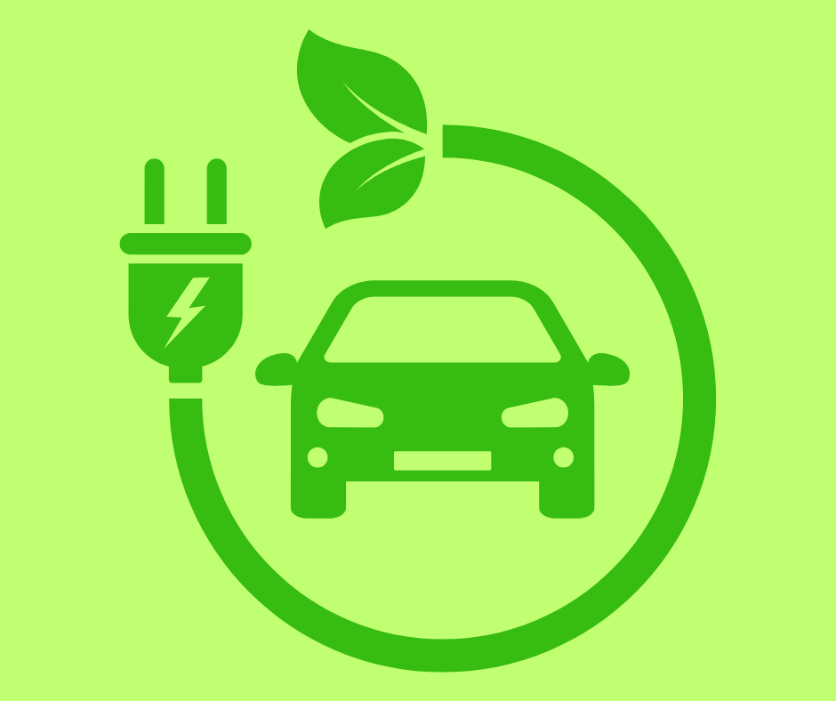 Icon of green car with green plug at one end and leaves at the other on lighter green background